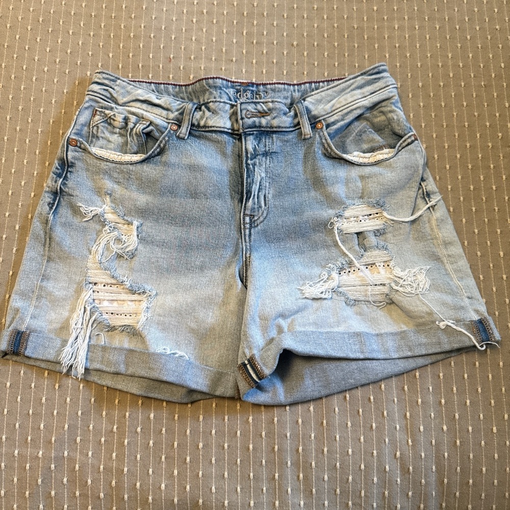Blue Distressed Jean Shorts with Frayed Hem